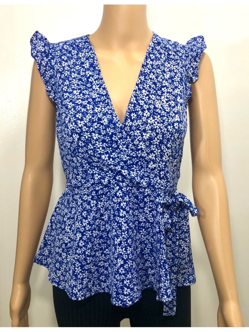 Monteau Blue Floral Wrap Blouse